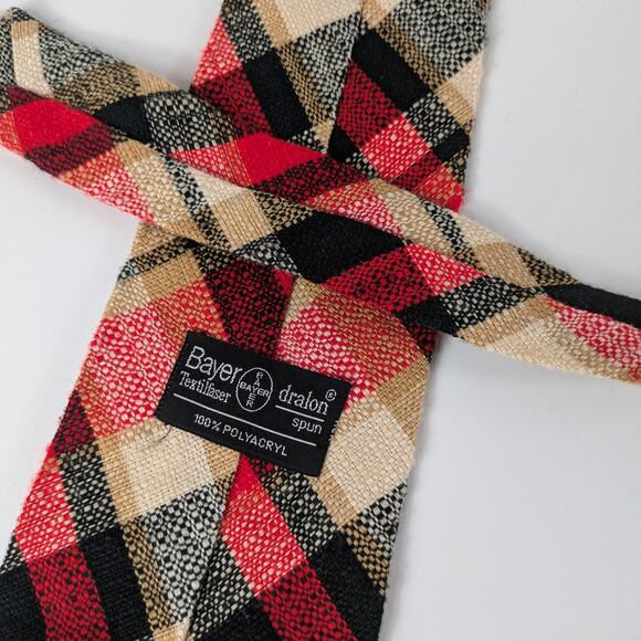 Plaid Polyacryl Mens Necktie True Vintage Bayer Aspirin Holiday Plaid Black Red - Picture 5 of 10